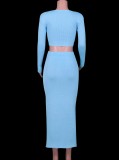 Women Spring Blue Pure Color Long-Sleeved Fashion Sexy Split Long Skirt Two-piece Sweater