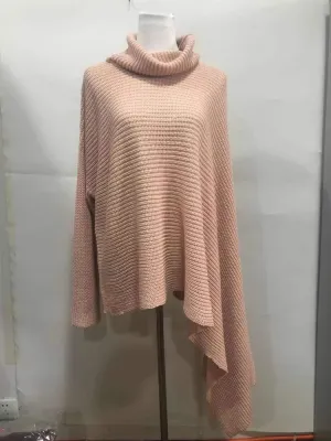 Women Winter Pink Long Sleeve Turtleneck Knit Pullover Loose Irregular Sweater