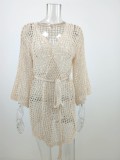 Women Summer Beige Hollow Beach Holiday Knitted Blouse Crocheted Bikini Beach Cover-Ups