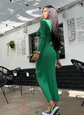 Women Spring Green Pure Color Long-Sleeved Fashion Sexy Split Long Skirt Two-piece Sweater