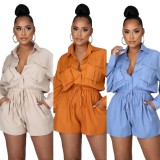 Women Spring Blue Solid Color High Waist Casual Plus Size Cargo Rompers