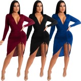 Women Spring Blue Pleated Long-sleeved Irregular Velvet Deep V Sexy Slim Club Dress