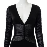 Women Spring Black Deep V Hollow Long-sleeved Sexy Mesh Stitching Jumpsuit