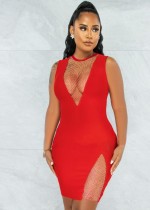 Women Summer Red Sleeveless V-neck Mesh Diamond Sexy Hollow Stitching Slim Fit Club Dress
