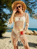 Women Summer Khaki Round Neck Sexy Beach Dress Hand Crocheted Tassel Cover-Ups