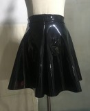 Women Winter Black PU Leather Pleated Mini Skirt