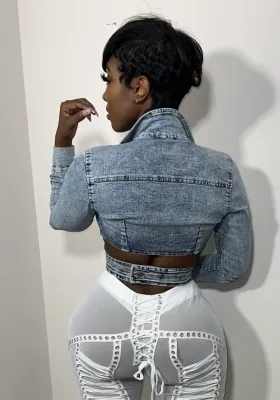 Women Spring Blue Long Sleeves Cross Cropped Denim Jacket