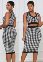 Women Spring Slim Sleeveless Houndstooth Crop Top and Pencil Skirt Two Piece Suit