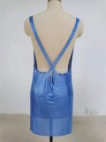Women Summer Royal Blue Sexy Low-cut Halter Backless Sling Deep V Metal Club Dress