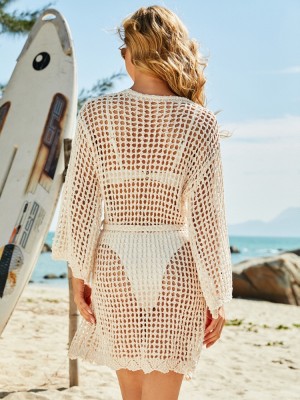 Women Summer Beige Hollow Beach Holiday Knitted Blouse Crocheted Bikini Beach Cover-Ups