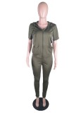 Women Spring Green Short Sleeve Fitted Hoody Two Piece Pants Tracksuit