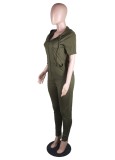 Women Spring Green Short Sleeve Fitted Hoody Two Piece Pants Tracksuit