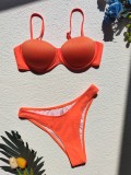 Women Orange Solid Color Sexy Two-piece Underwire Gathering Bikini Swimsuit