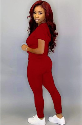 Women Spring Red Short Sleeve Fitted Hoody Two Piece Pants Tracksuit