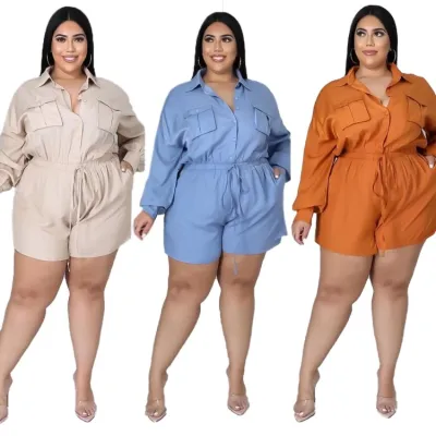Women Spring Blue Solid Color High Waist Casual Plus Size Cargo Rompers