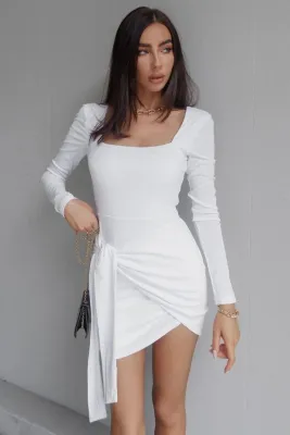 Women Spring White Long Sleeve U Square Neck Irregular Slim Solid Color Mini Club Dress
