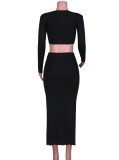Women Spring Black Pure Color Long-Sleeved Fashion Sexy Split Long Skirt Two-piece Sweater