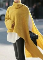 Women Winter Yellow Long Sleeve Turtleneck Knit Pullover Loose Irregular Sweater