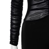 Women Spring Black Deep V Hollow Long-sleeved Sexy Mesh Stitching Jumpsuit