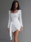 Women Spring White Long Sleeve U Square Neck Irregular Slim Solid Color Mini Club Dress