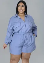 Women Spring Blue Solid Color High Waist Casual Plus Size Cargo Rompers