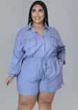 Women Spring Blue Solid Color High Waist Casual Plus Size Cargo Rompers