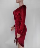 Women Spring Red Pleated Long-sleeved Irregular Velvet Deep V Sexy Slim Club Dress