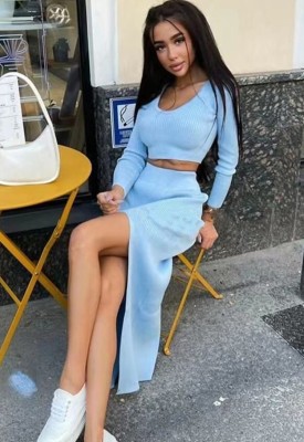 Women Spring Blue Pure Color Long-Sleeved Fashion Sexy Split Long Skirt Two-piece Sweater
