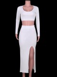 Women Spring White Pure Color Long-Sleeved Fashion Sexy Split Long Skirt Two-piece Sweater