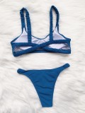 Women Blue Solid Color Two-piece Sexy Cross Bikini Swimwear