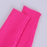 Women Spring Rose Pure Color Long-Sleeved Fashion Sexy Split Long Skirt Two-piece Sweater