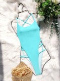 Women Sky Blue Solid Color One-piece Hot Sexy Hollow Out High Cut Bikini Swimsuit