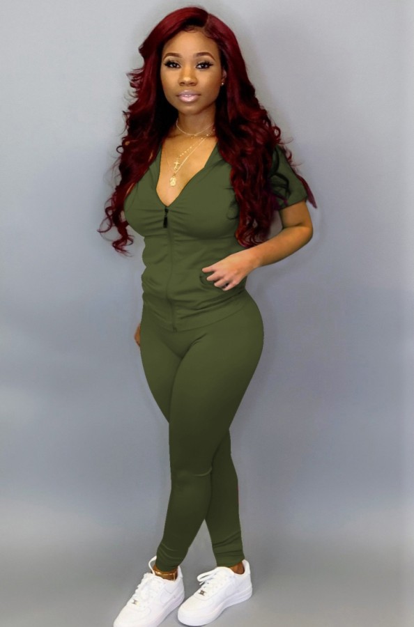 Women Spring Green Short Sleeve Fitted Hoody Two Piece Pants Tracksuit