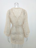 Women Summer Beige Hollow Beach Holiday Knitted Blouse Crocheted Bikini Beach Cover-Ups