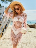 Women Summer Pink Round Neck Sexy Beach Dress Hand Crocheted Tassel Cover-Ups