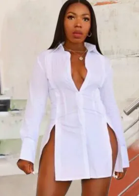 Spring Sexy White Turndown Collar Long Sleeve Slim Slit Blouse