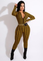 Spring Sexy Yellow Plaid Zipper Up Long Sleeve Slim Jumpsuit