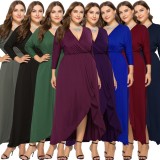 Spring Plus Size Wine Red Wrap V-neck Batwing Long Sleeve Irregular Casual Dress
