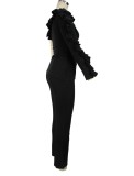 Spring Elegant Black Ruffled One Shoulder Long SLeeve Slim Top and Match Pants Wholesale 2 Piece Outfits