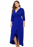 Spring Plus Size Blue Wrap V-neck Batwing Long Sleeve Irregular Casual Dress