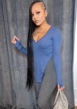 Spirng Sexy Blue V-neck Long Sleeve with mittens Irregular Slim Top