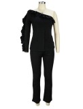 Spring Elegant Black Ruffled One Shoulder Long SLeeve Slim Top and Match Pants Wholesale 2 Piece Outfits