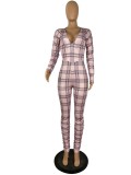 Spring Sexy Pink Plaid Printed v-neck Long Sleeve Ruched Jumpsuit