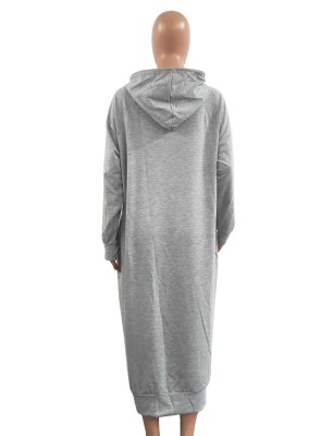 Spring Printed Gray Long Sleeve Loose Long Hoodies Casual Dress