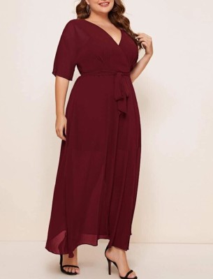 Summer Plus Size Wine Red V-neck Short Sleeve Slit Maxi Dress with Belt