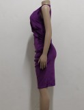 Summer Elegant Purple Velvet V-neck Sleeveless Ruched Midi Dress