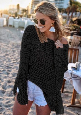 Summer Sexy Black Hollow Out Long Sleeve Knitted Beach Cover up Dress