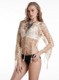Summer Beige Hollow Out Knitted Beached Cover Up Top
