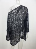 Summer Sexy Black Hollow Out Long Sleeve Knitted Beach Cover up Dress