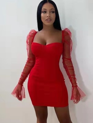 Spring Sexy Red Sweetheart Ruched Mesh Flare Long Sleeve Bodycon Dress
